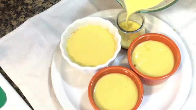Ingredients for mango crème caramel including mango pulp, milk, eggs, sugar, and caramel ingredients