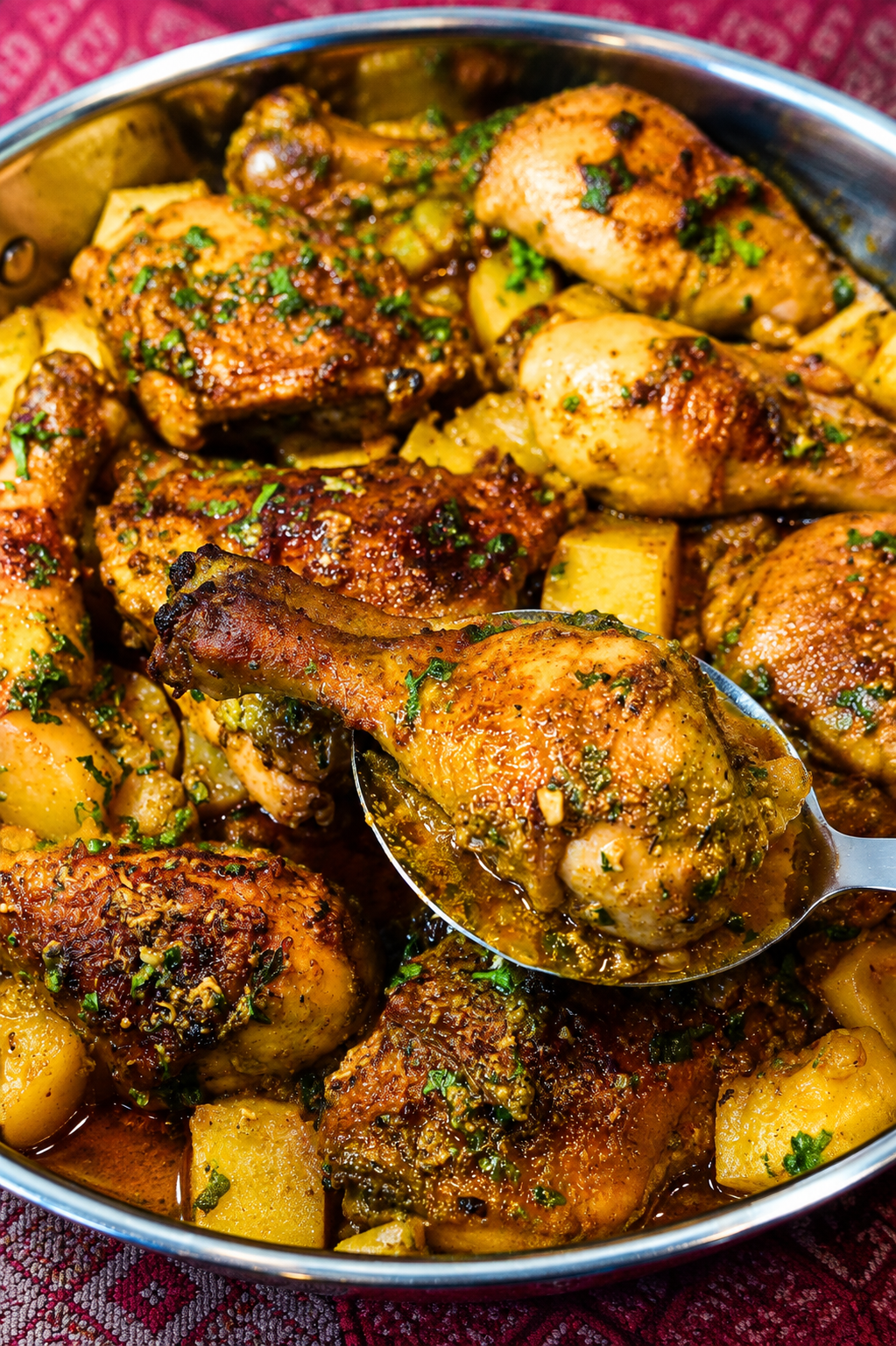Juicy Oven-Baked Buttermilk Chicken Thighs and Drumsticks - Golden brown roasted chicken thighs and drumsticks arranged over roasted potatoes and onions