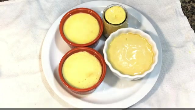 Mango crème caramel containers cooling before refrigeration