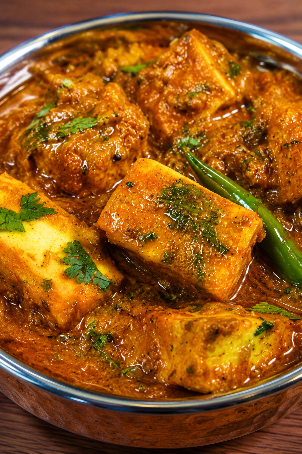Masala Tofu Curry - Golden pan-fried tofu cubes simmering in a rich, creamy tomato and yogurt masala gravy garnished with fresh coriander