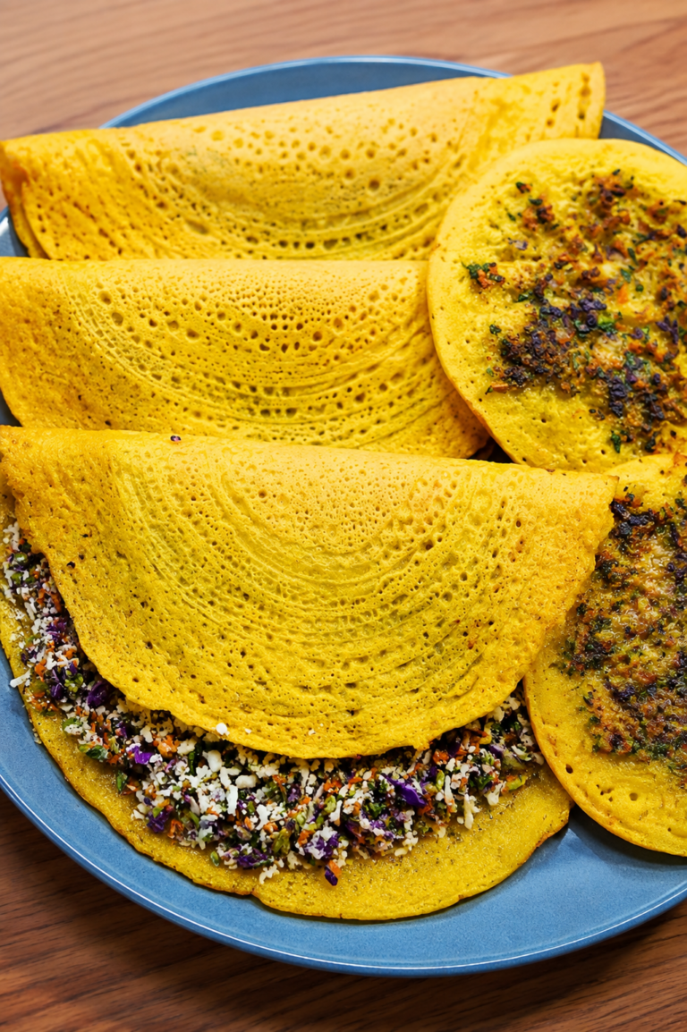 Moong Dal Chilla with Vegetable and Paneer Filling - Golden yellow lentil crepes folded over shredded vegetables and grated paneer, served with creamy green dip