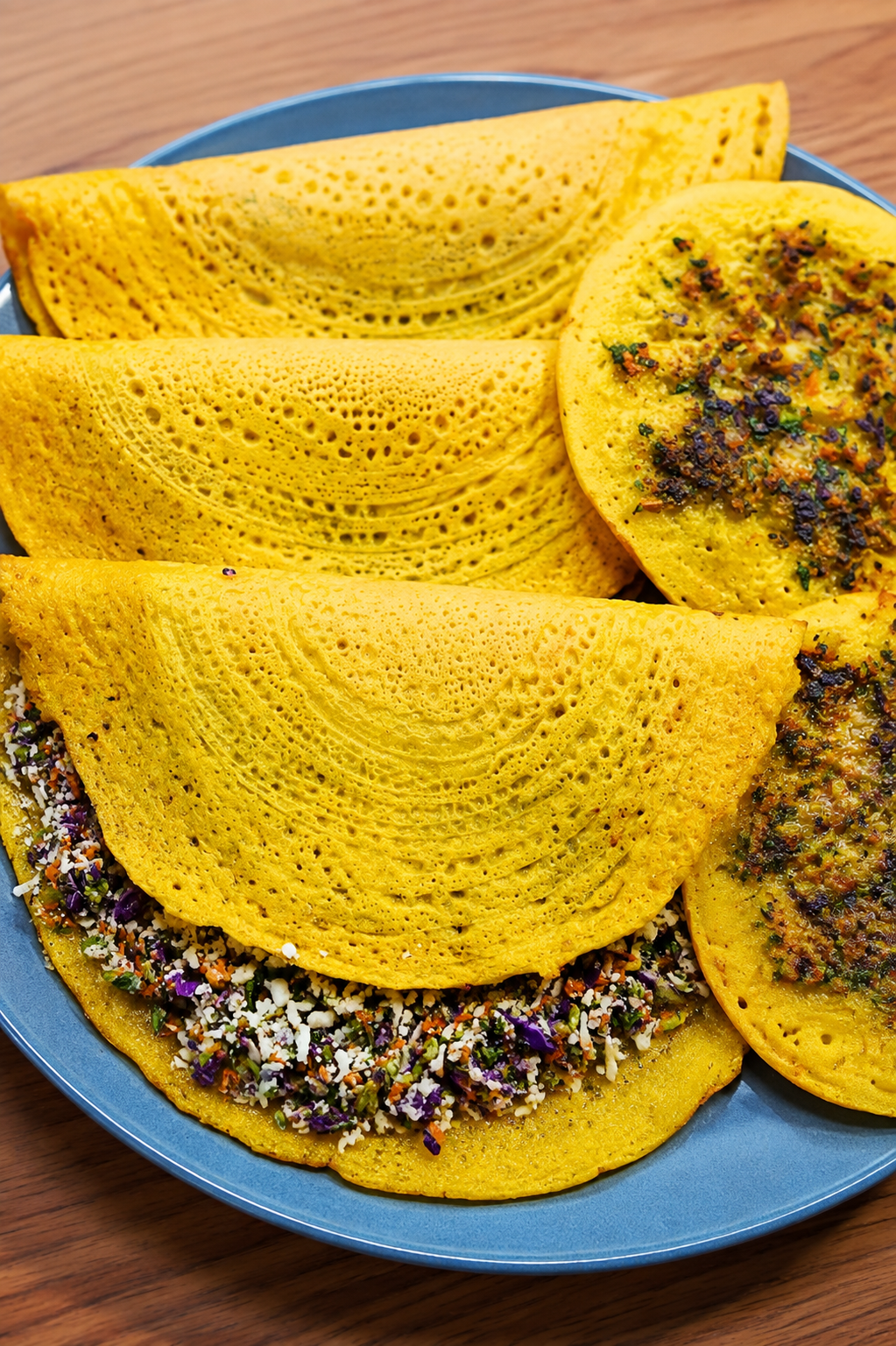 Moong Dal Chilla with Vegetable and Paneer Filling - Golden yellow lentil crepes folded over shredded vegetables and grated paneer, served with creamy green dip