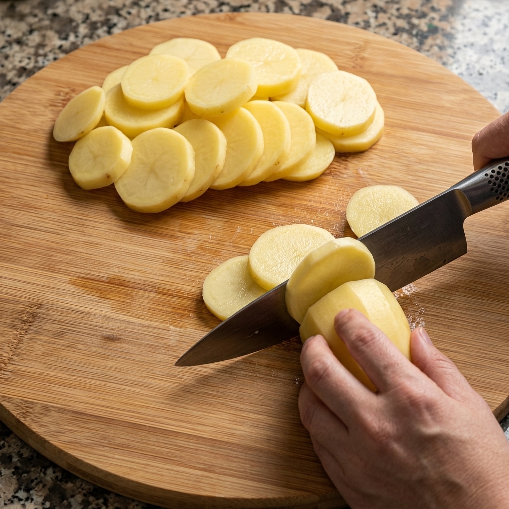 Peeled potatoes sliced into evenly sized medium-thick pieces for the omelette
