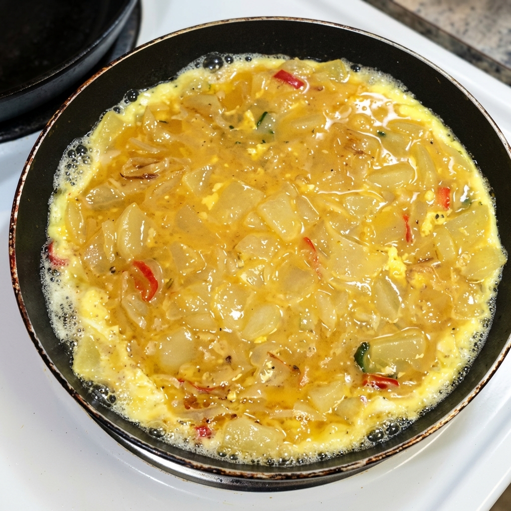 Potato and onion slices gently mixed with the seasoned egg mixture