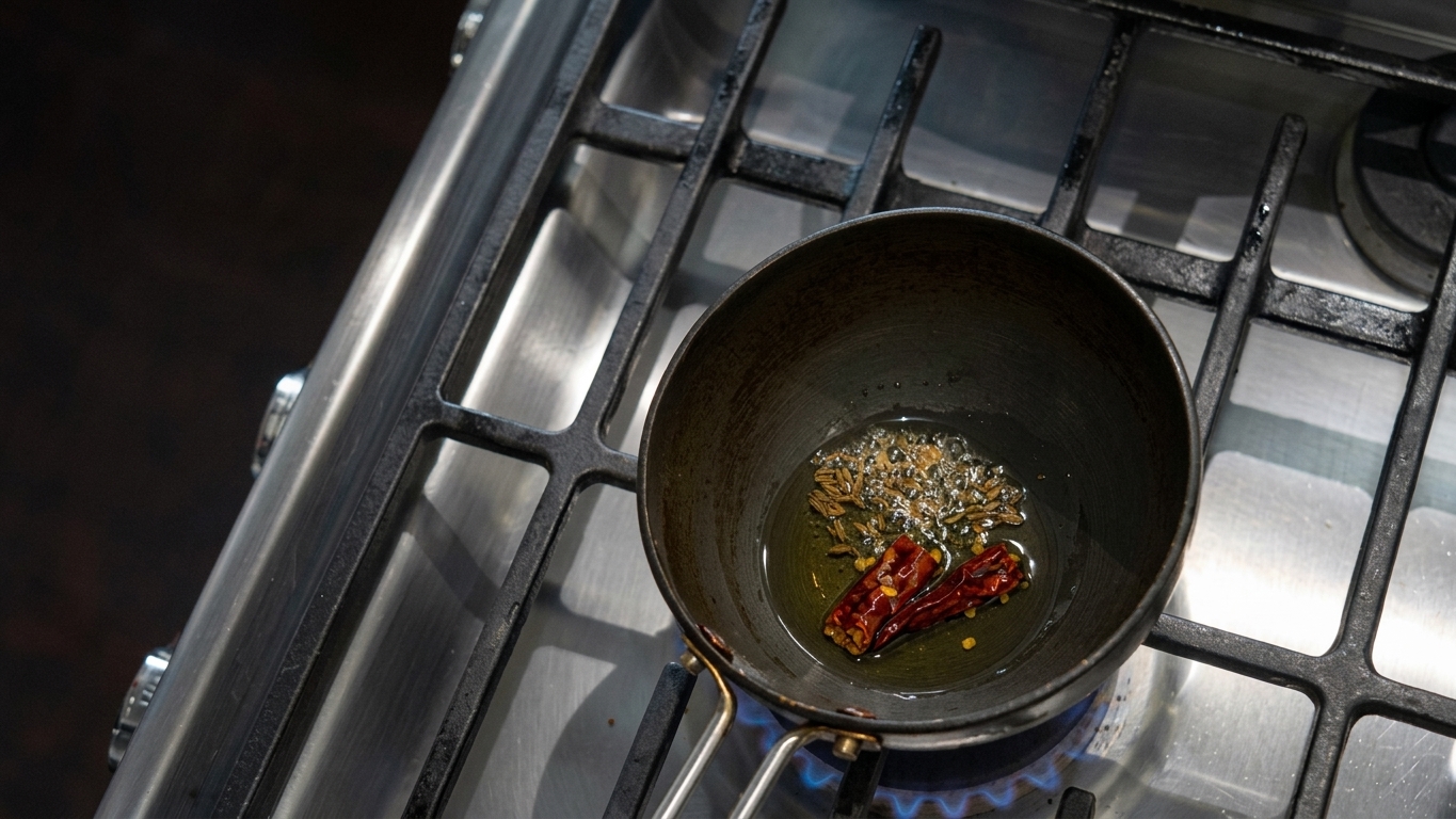 Sizzling aromatic spice tadka poured directly into the cooked golden red lentil dal