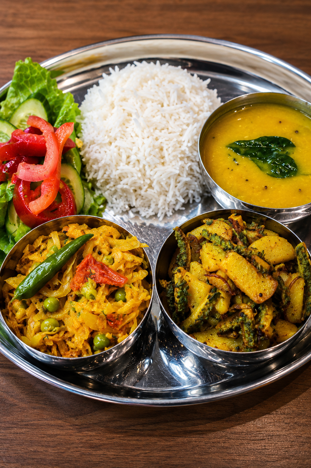 Simple Indian Home-Style Meal - Steamed white rice served with red lentil dal, spiced cabbage curry, and pan-fried bitter gourd with potatoes