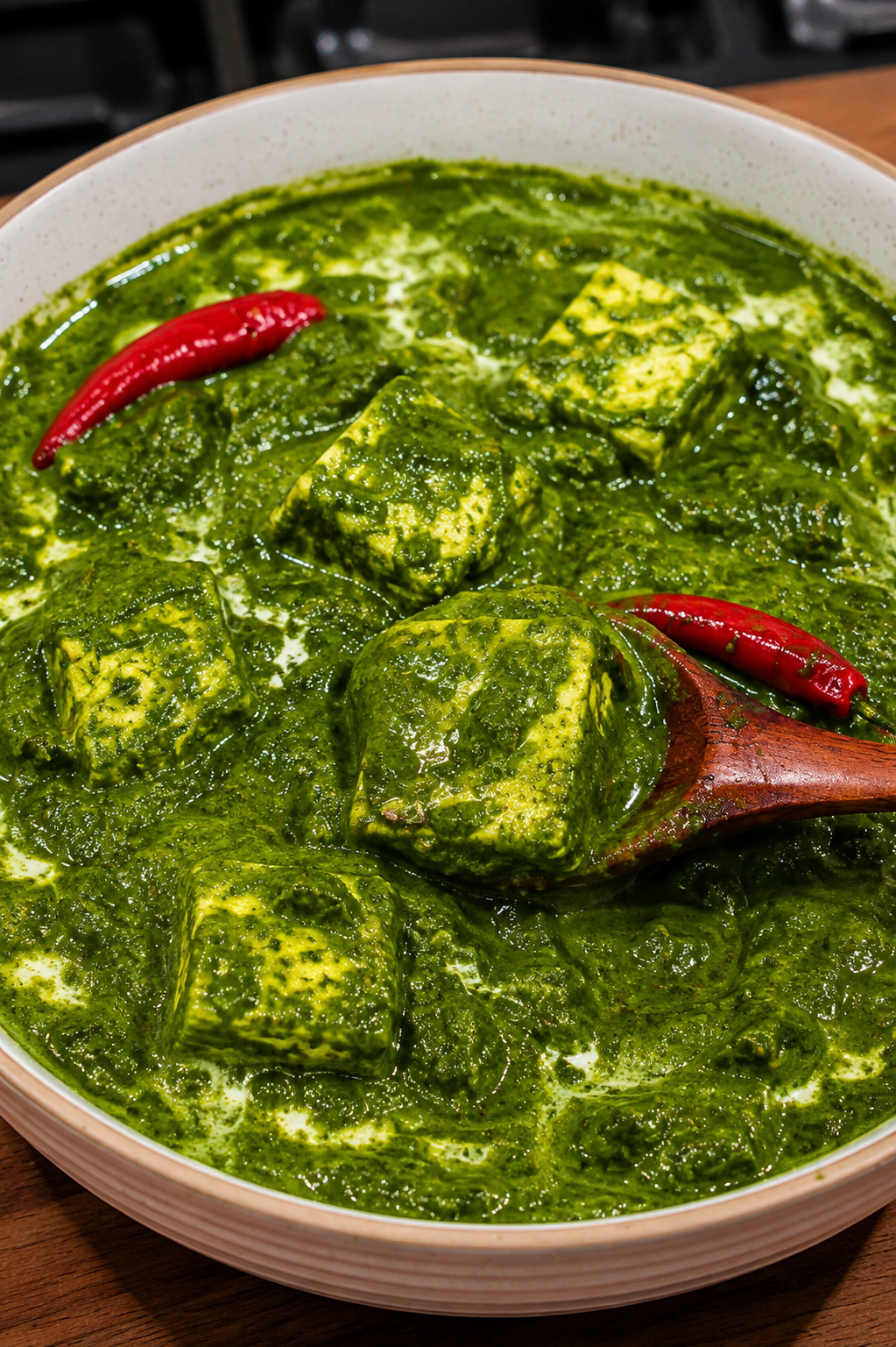 Simple Palak Paneer - Creamy vibrant green spinach curry with soft paneer cubes garnished with a swirl of fresh cream