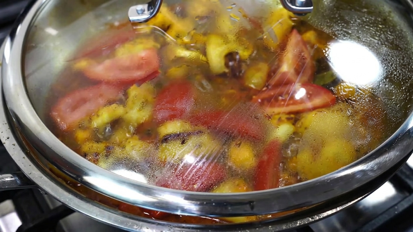 Fresh sliced tomatoes added to the cauliflower and potato curry in the pan