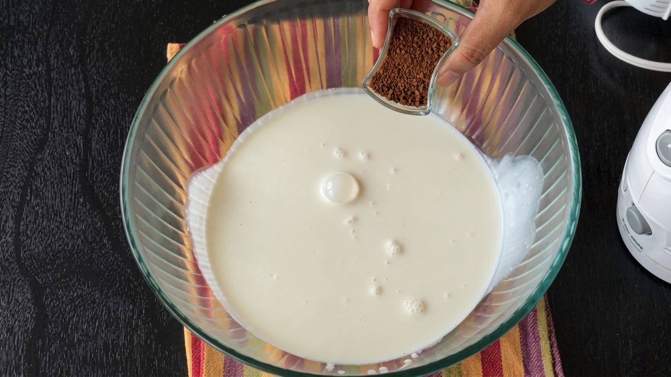 Smooth coffee custard prepared in a saucepan and ready to cool