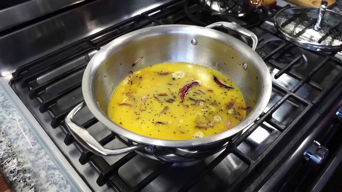 A spoonful of finished Bengali masoor dal being tasted for seasoning and consistency