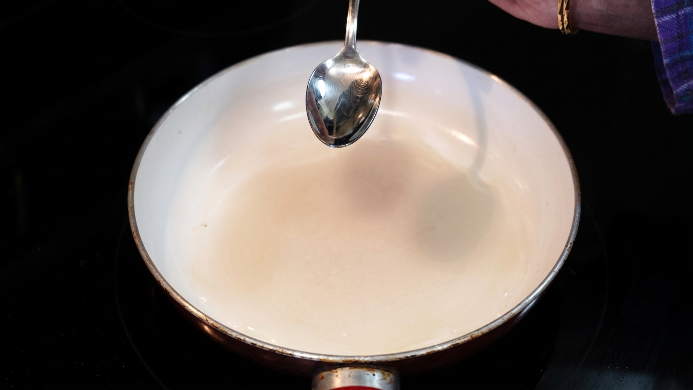 Sugar, water, and lemon juice combined in a light-colored heavy-bottomed pan before heating