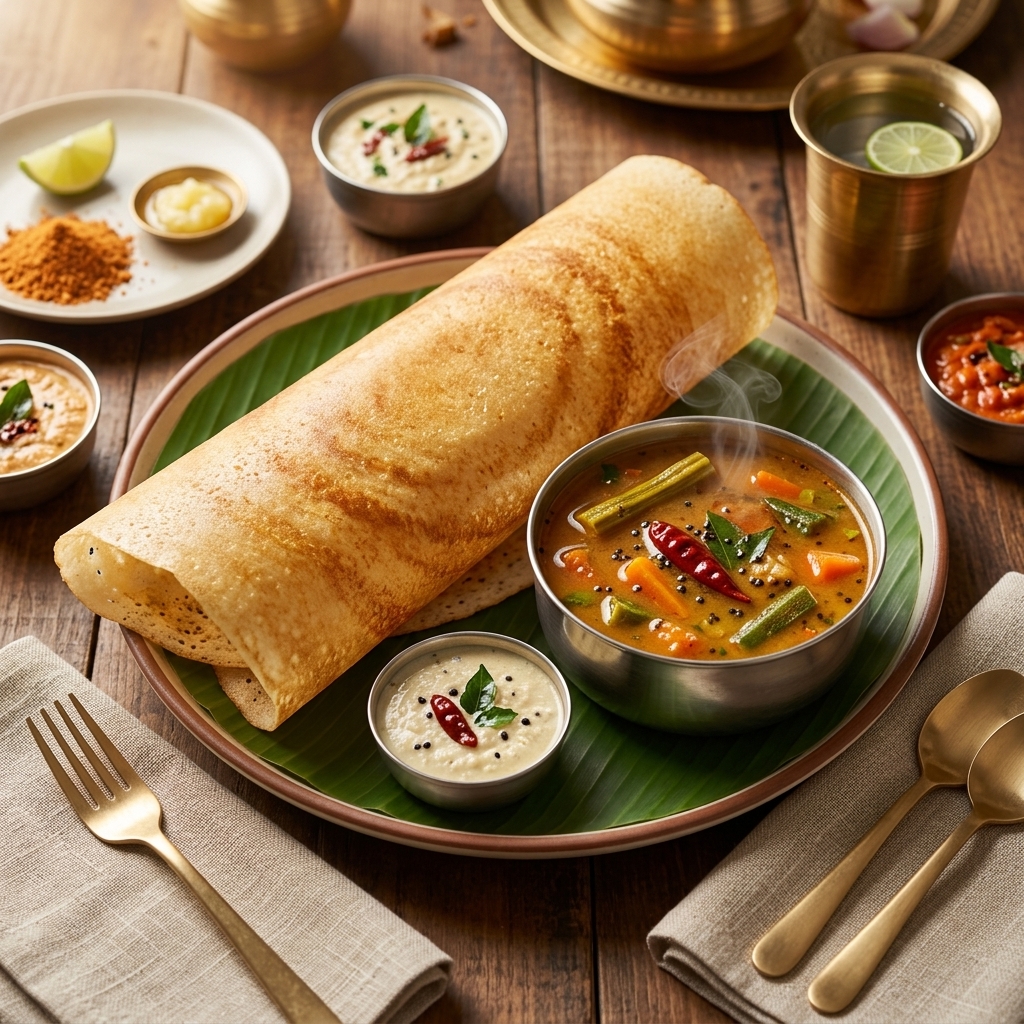 Thin aromatic sambar served in a bowl beside crispy dosa