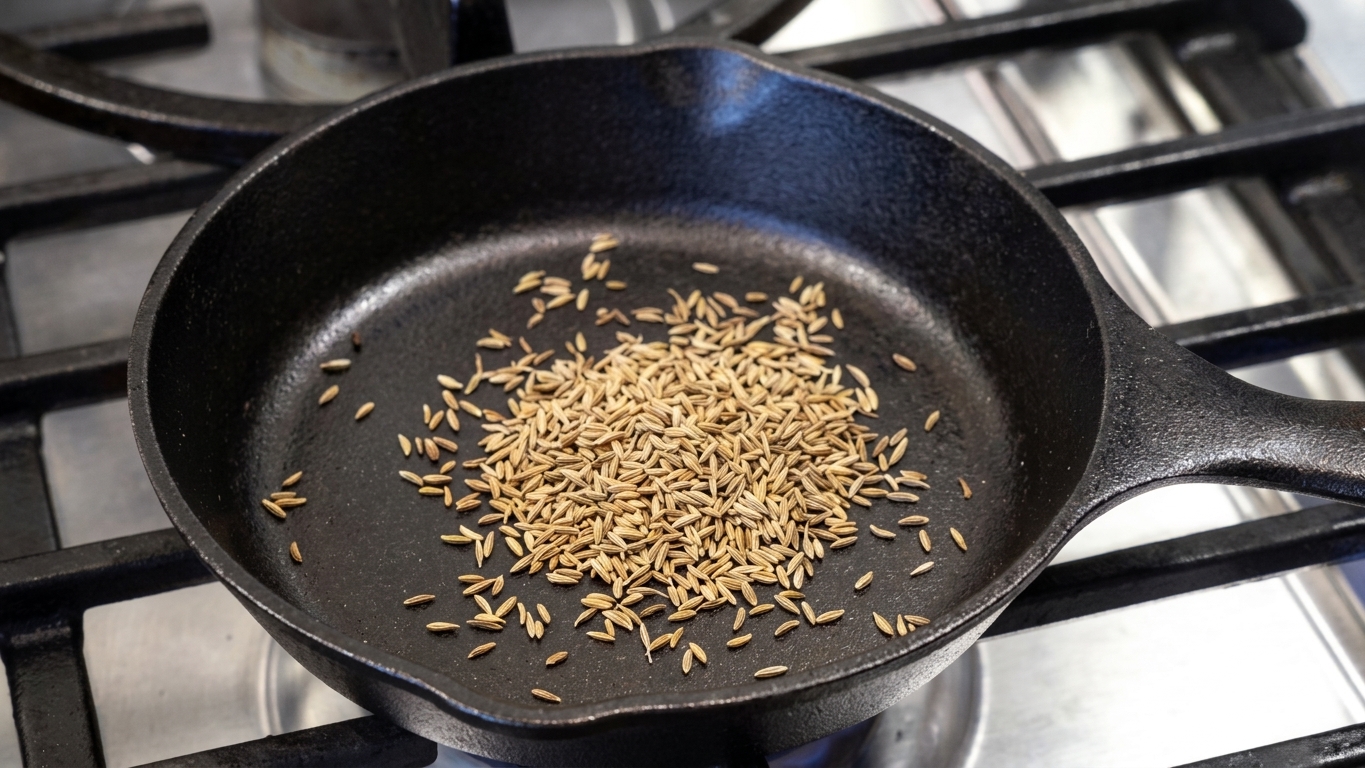 Fragrant toasted cumin seeds transferred to a mortar for crushing