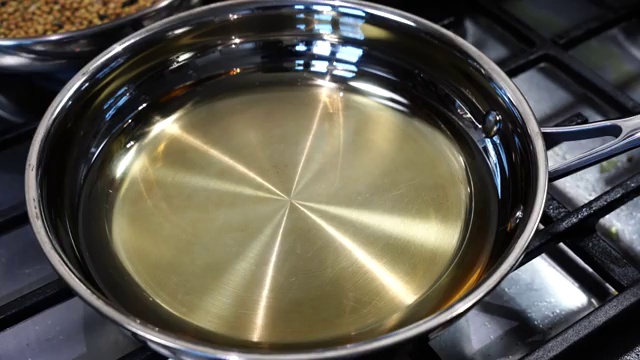 Whole mustard, coriander, fennel, black pepper, and fenugreek seeds dry-roasting in a pan